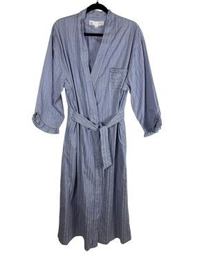Eileen West Blue White Stripe 100% Cotton Long Ruffle Sleeve Belted Robe Coastal